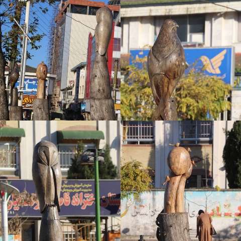درختان خشک شده در لاهیجان به مجسمه های چوبی پرندگان تبدیل می شوند